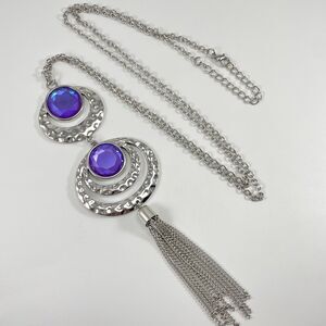 Silver Tone Boho Purple Glass Rhinestone Hammer Finish Pendant Tassel Necklace